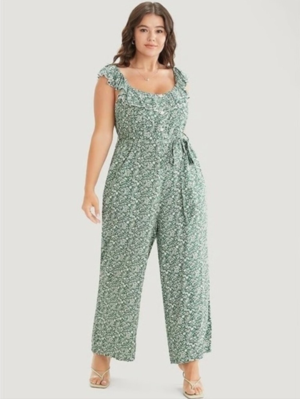 Bloomchic Green Floral Ruffle Off-The-Shoulder Jumpsuit with Pockets Size 14/16